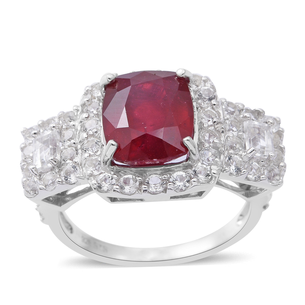 9.35 Ct African Ruby and Topaz Cluster Ring in Rhodium Plated Silver 5.53 Grams