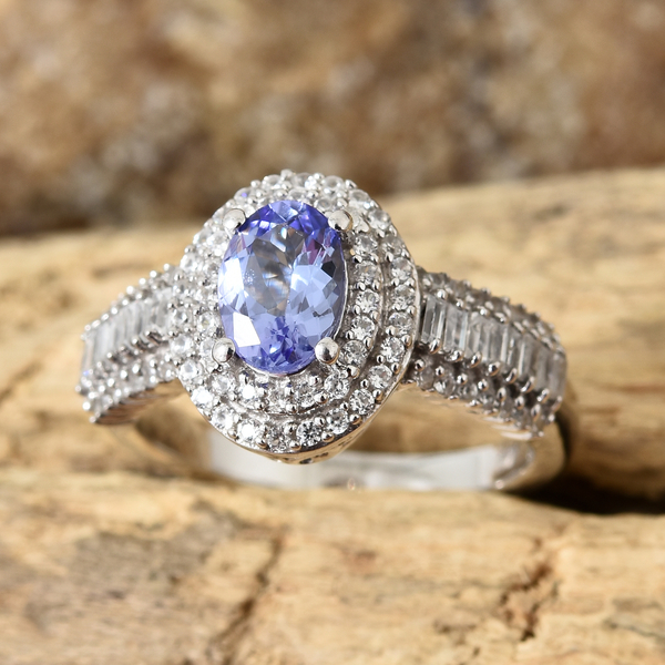 Designer Inspired- Tanzanite (Ovl 7x5mm) and Natural Cambodian Zircon Ring in Platinum Overlay Sterling Silver 2.350 Ct.