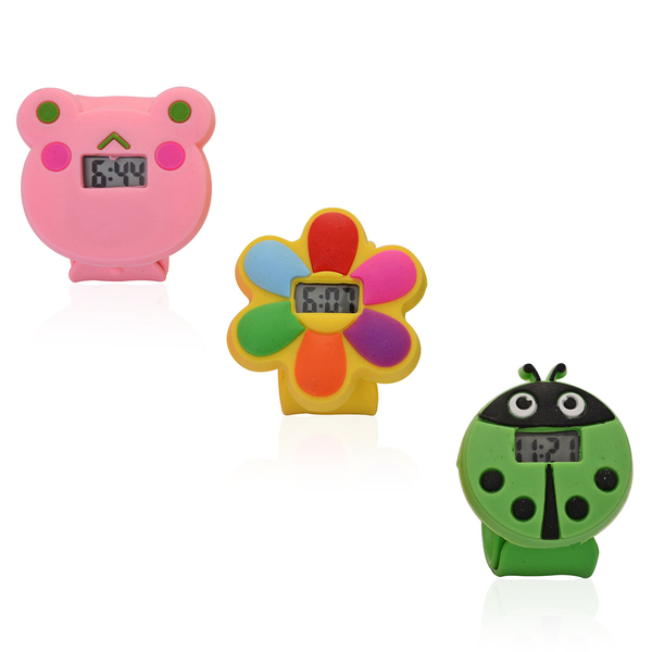 Set of 3 - STRADA Bear, Flower and Lady Bug Water Resistant LED Watch with Pink, Yellow and Green Si