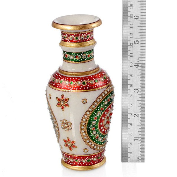 Jewels of India Hand Crafted Crystal Studded and Green Enamelled Marble Vase (Size 6)