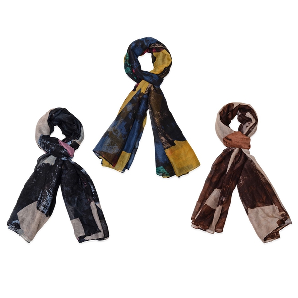 Set of 3 - Yellow, Blue, Chocolate and Multi Colour Scarf (Size 175x90 Cm)