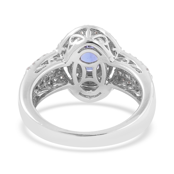 Designer Inspired -Tanzanite (Ovl),  Natural Cambodian White Zircon Ring in Rhodium Overlay Sterling Silver 2.000 Ct.