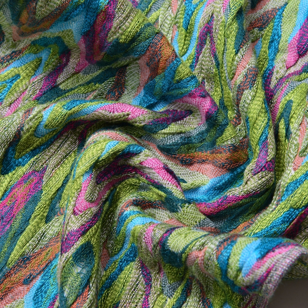 Italian Designer Inspired-Green, Pink and Multi Colour Zigzag Pattern Scarf with Tassels (Size 170X30 Cm)