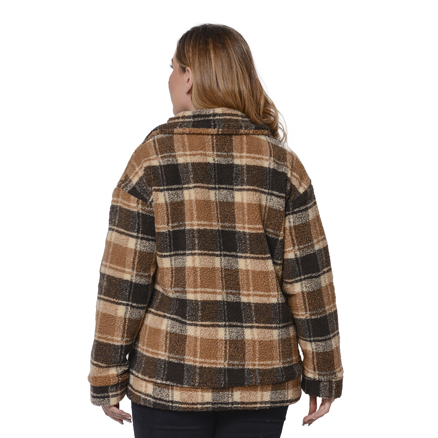 Dark and Light Brown Plaid Pattern Faux Fur Coat with Pockets