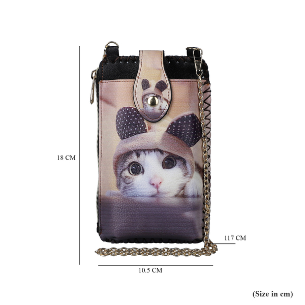 Stylish Cat Pattern Cell Phone Bag with Chain Shoulder Strap (Size 18x10cm) - Yellow