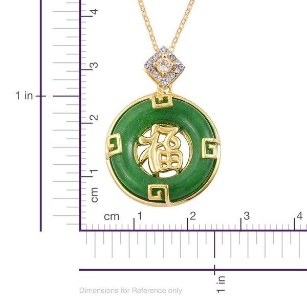 Chinese Green Jade (Rnd 12.75 Ct), White Topaz Chinese Character FU (Happiness) Pendant With Chain in Yellow Gold Overlay Sterling Silver 12.980 Ct.