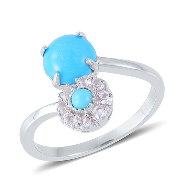Arizona Sleeping Beauty Turquoise (Rnd 1.75 Ct), White Topaz Ring in Platinum Overlay Sterling Silve