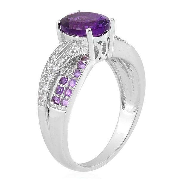African Amethyst (Ovl 1.75 Ct), White Zircon Ring in Platinum Overlay Sterling Silver 2.350 Ct.