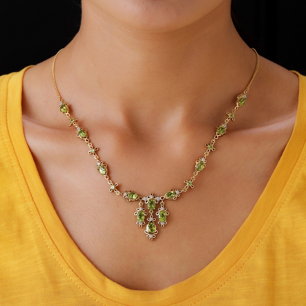 Natural Hebei Peridot and Natural Cambodian Zircon Cluster Necklace (Size 18) in 14K Gold Overlay Sterling Silver 7.96 Ct, Silver wt. 16.50 Gms