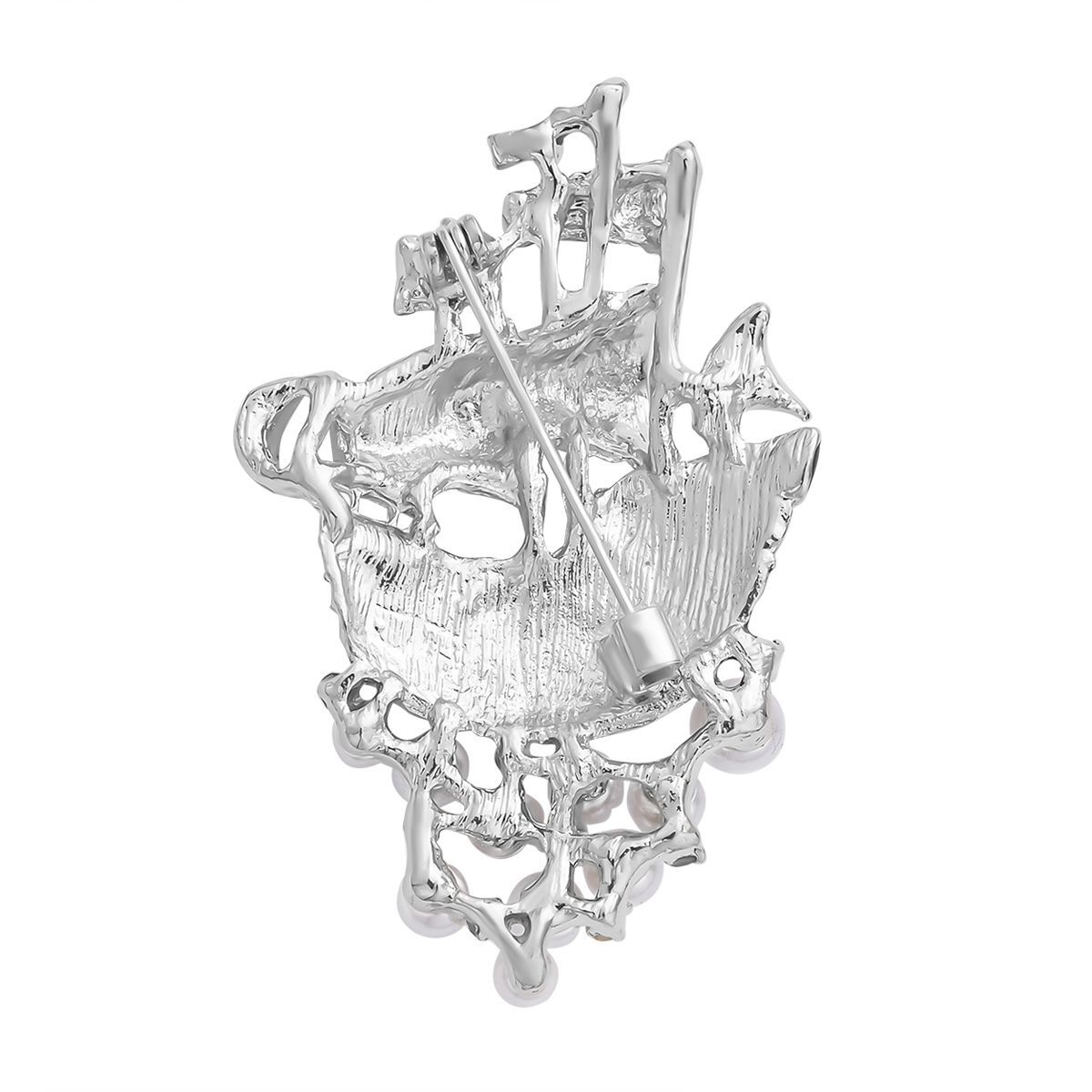 Set of 2 - Simulated Pearl and White Austrian Crystal Musical Note & Sailboat Brooch With Enamelling in Silver Tone