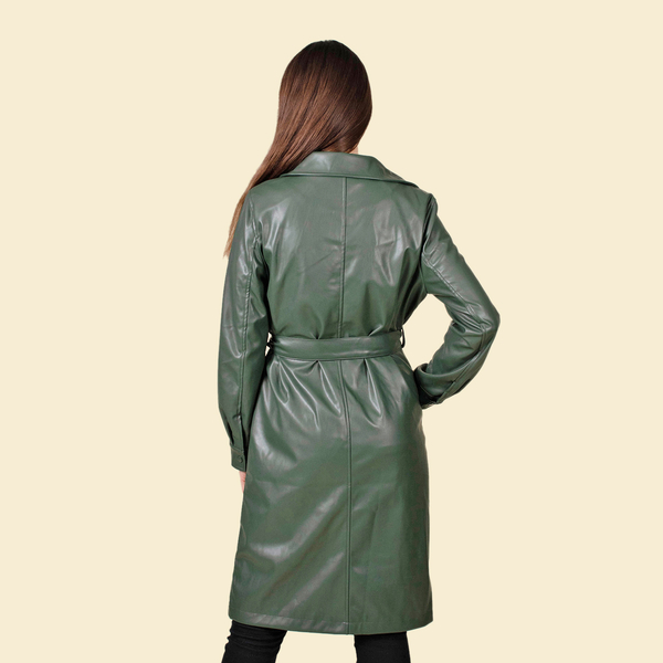 TAMSY Faux Leather Belted Long Coat (Size S, 8-10) - Olive Green