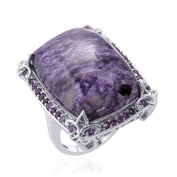 Charoite (Cush 25.50 Ct) Zambian Amethyst Ring in Platinum Overlay Sterling Silver  26.500 Ct.