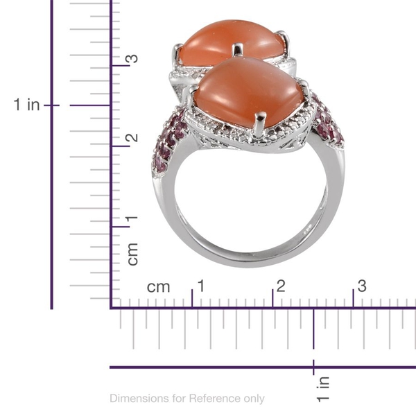Mitiyagoda Peach Moonstone (Cush), Rhodolite Garnet and Diamond Ring in Platinum Overlay Sterling Silver 11.520 Ct.