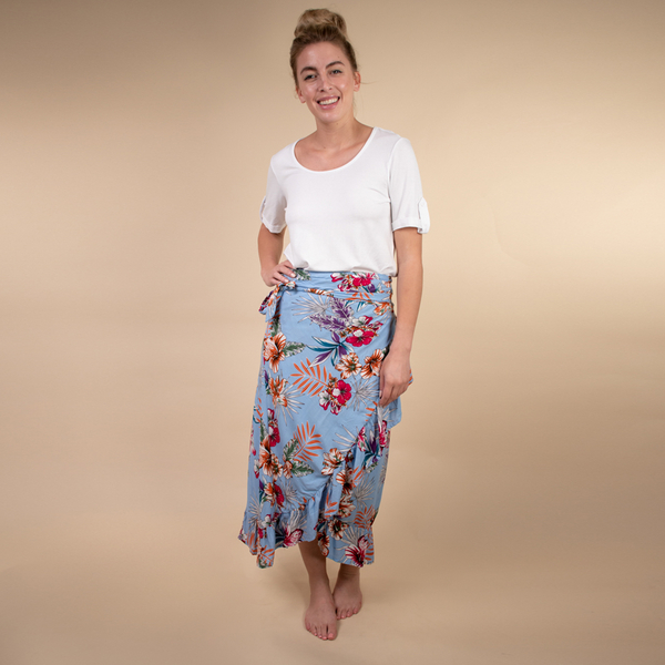 TAMSY 100% Rayon Floral Printed Wrap Skirt One Size, (Fits 8-16) - Light Blue & Multi