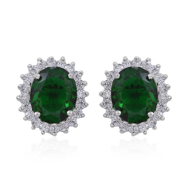 (Option 2) ELANZA AAA Simulated Green Tourmaline (Ovl), Simulated White Diamond Pendant and Stud Earrings (with Push Back) in Rhodium Plated Sterling Silver