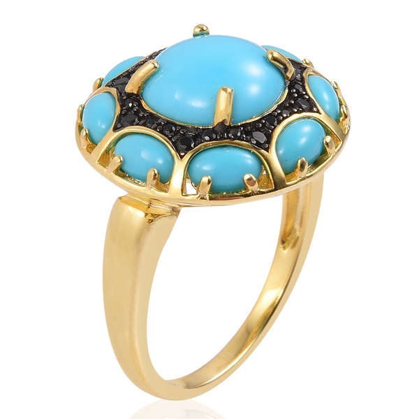 Arizona Sleeping Beauty Turquoise (Rnd 4.15 Ct), Boi Ploi Black Spinel Ring in Black and Yellow Gold Overlay Sterling Silver 4.500 Ct.