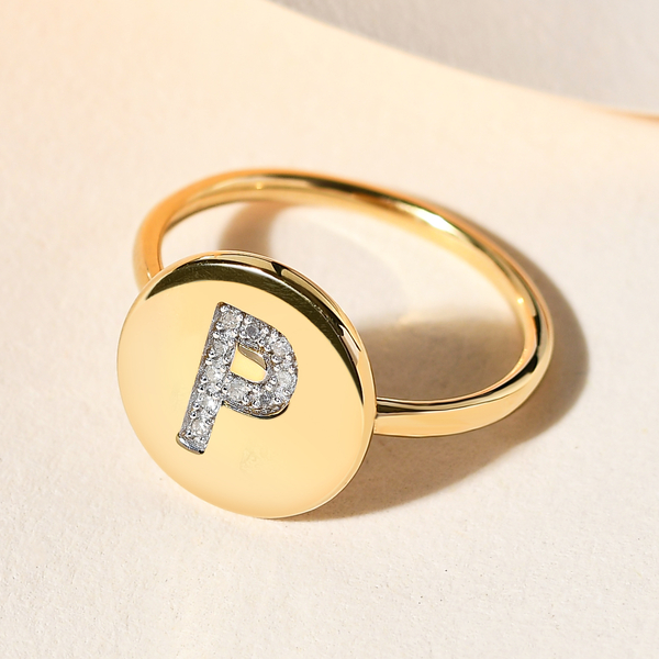 White Diamond Initial-P Ring in 14K Gold Overlay Sterling Silver