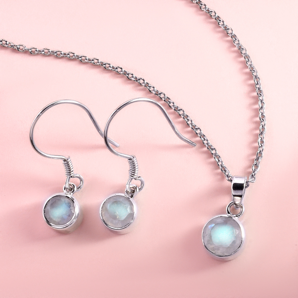 2 Piece Set - Rainbow Moonstone Pendant and Hook Earrings in Platinum Overlay Sterling Silver With Stainless Steel Chain ( Size 20), 2.94 Ct. Silver Wt. 5.61 Gms