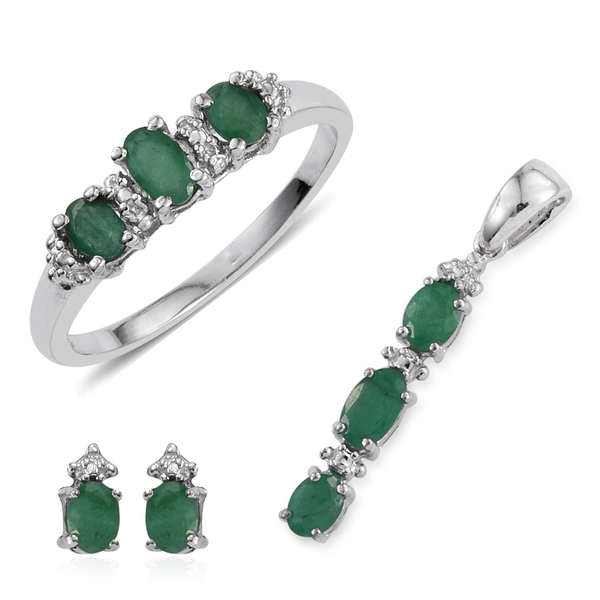 Kagem Zambian Emerald (Ovl) Trilogy Ring, Pendant and Stud Earrings (with Push Back) in Platinum Ove