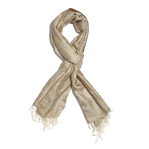 SILK MARK - 100% Superfine Silk Cream and Brown Colour Jacquard Scarf with Fringes (Size 180x70 Cm) (Weight 125 - 140 Grams)