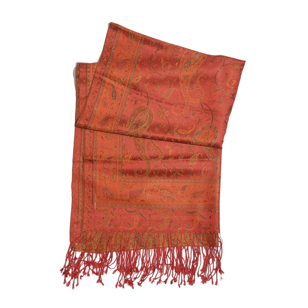100% Superfine Silk Red and Green Colour Paisley Pattern Orange Colour Jacquard Jamawar Scarf with Fringes (Size 180x70 Cm) (Weight 125-140 Grams)