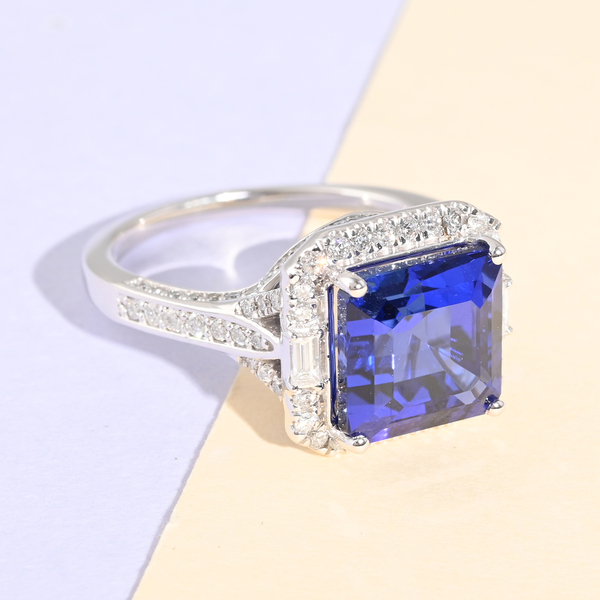 AGI Certified and Appraised RHAPSODY 950 Platinum AAAA Tanzanite and Diamond (VS/E-F) Halo Ring 6.70 Ct, Platinum Wt. 8.91 Gms