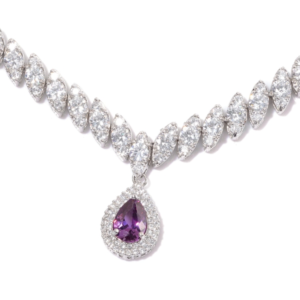 AAA Simulated Amethyst and Simulated White Diamond Necklace (Size 18 with 2 inch Extender) and Earrings (with Push Back) in Silver Tone