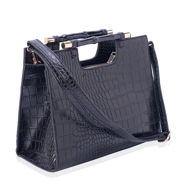 Black Embossed Bamboo Handle Bag with Adjustable and Removable Shoulder Strap (Size 32x19x12 Cm)