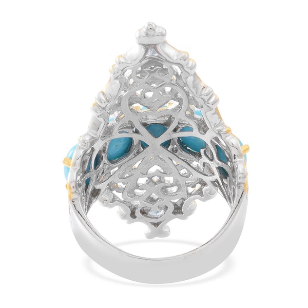 Arizona Sleeping Beauty Turquoise (Ovl), Natural White Zircon Ring in Rhodium and Yellow Gold Overlay Sterling Silver 5.250 Ct.