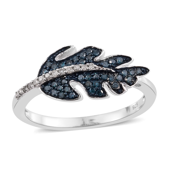 Blue Diamond and White Diamond Leaf Design Floral Ring in Platinum Plated Silver