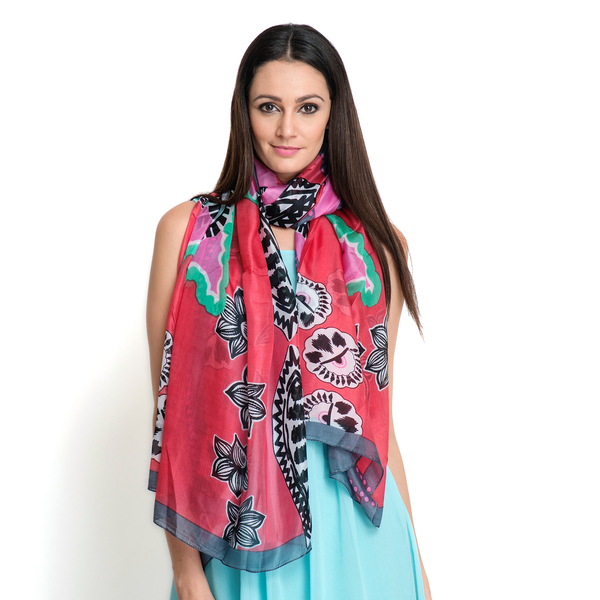 100% Mulberry Silk Black and Multi Colour Floral Pattern Red Colour Scarf (Size 180x100 Cm)