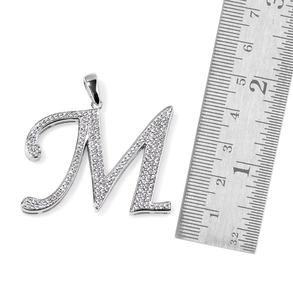 ELANZA AAA Simulated White Diamond M Initial Pendant in Platinum Overlay Sterling Silver