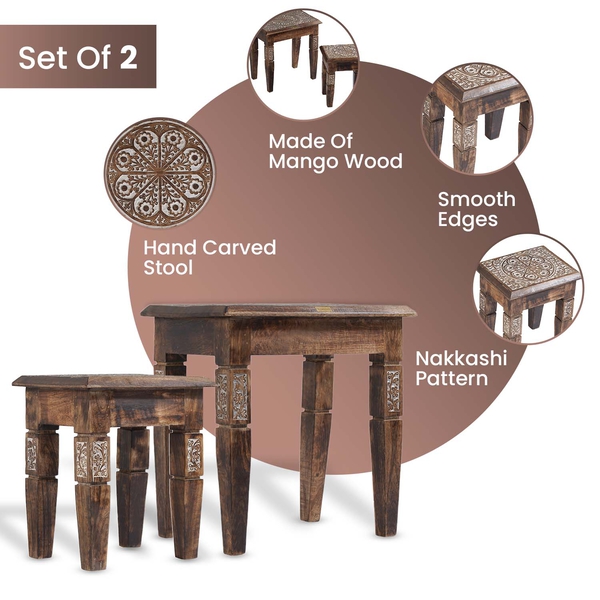 NAKKASHI Set of 2 Hand Carved Wooden Nested Table (Size 45x45x30 Cm & 38x35x25 Cm)