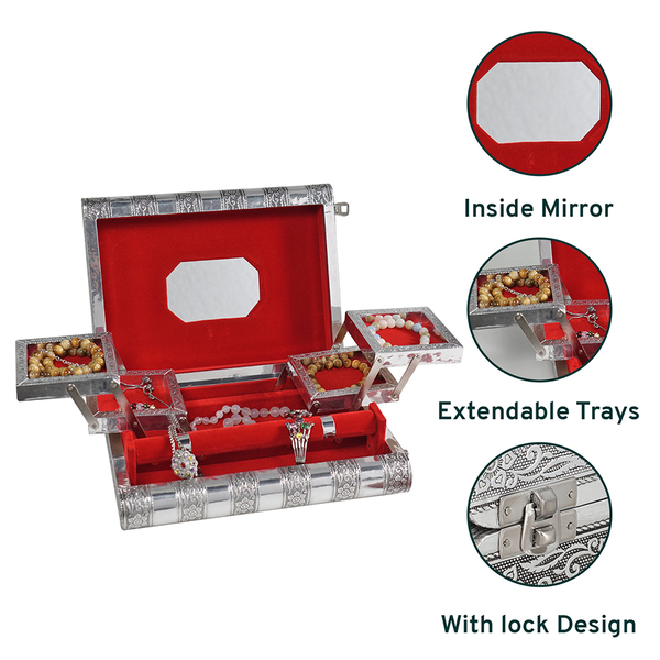 Elephant Family Embossed Handcrafted Jewellery Organizer with 4 Extendable Trays, Inside Mirror and Red Velvet Lining  (Size 28x21.6x7.6 Cm)
