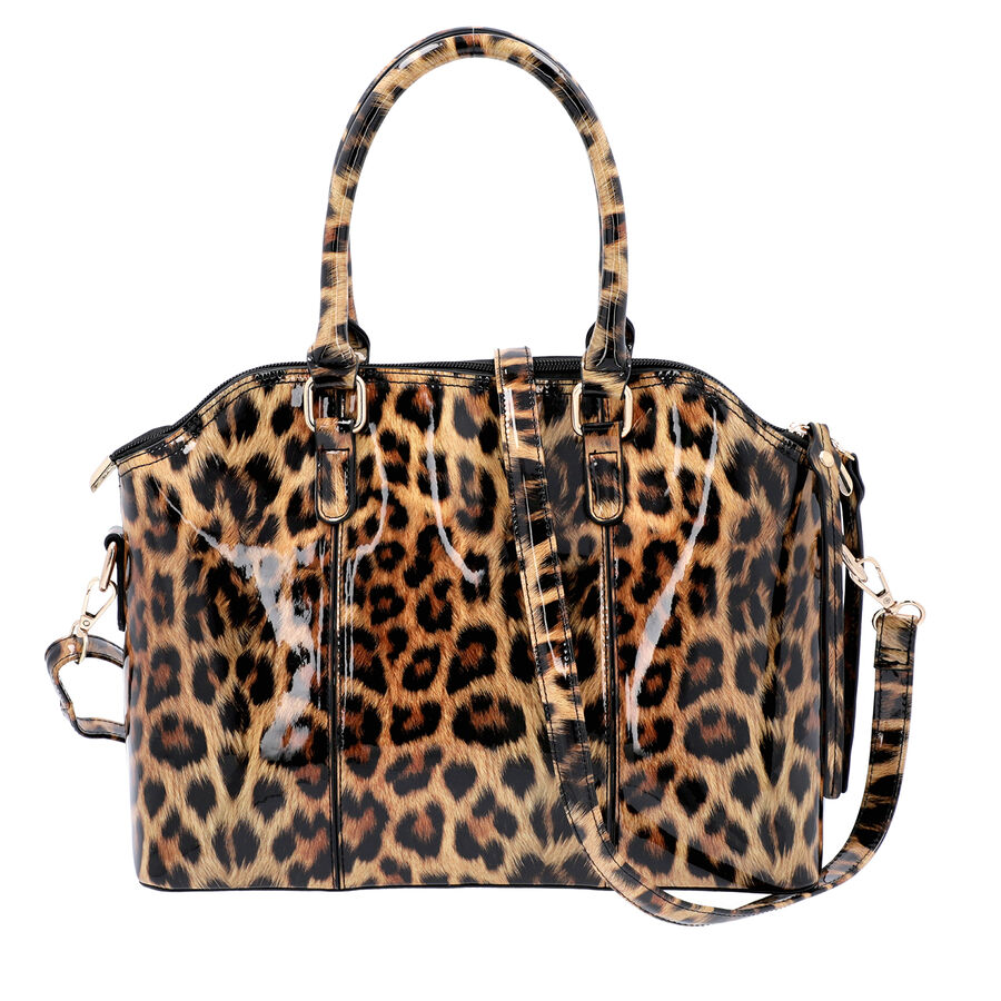 Black and Brown Leopard Pattern Tote Bag with Zipper Closure and Detachable Shoulder Strap ...