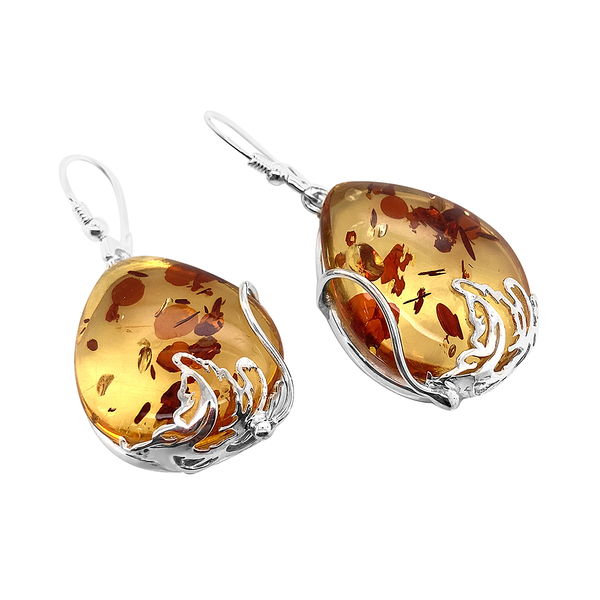 Natural Baltic Amber Earrings ( With Lever Back) in Sterling Silver, Silver Wt. 12.50 Gms