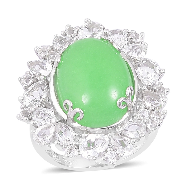 Green Jade (Ovl 11.75 Ct), White Topaz Floral Ring in Rhodium Plated Sterling Silver 15.650 Ct. Silv