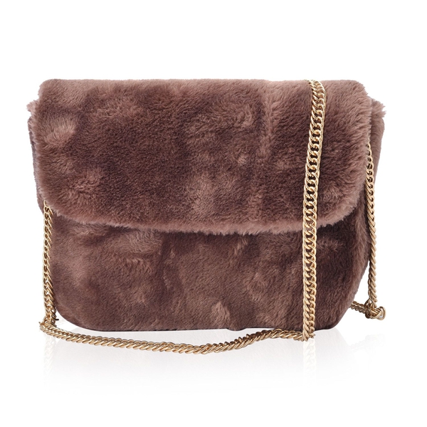 Faux Fur Chocolate Colour Crossbody Bag with Chain Strap (Size 24x19x10 Cm)