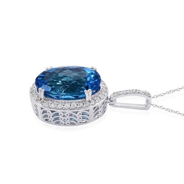 Limited Edition-14K W Gold Electric Swiss Blue Topaz (Ovl 35.50 Ct), White Sapphire Pendant With Chain 37.000 Ct.Gold Wt. 7.70 Gms