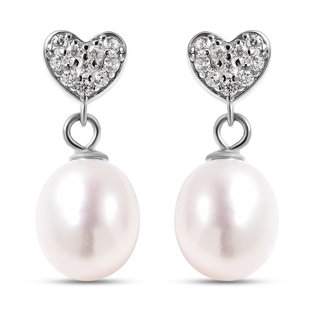 Designer inspired -White Freshwater Pearl Earrings (with Push Back) in Rhodium Overlay Sterling Silv