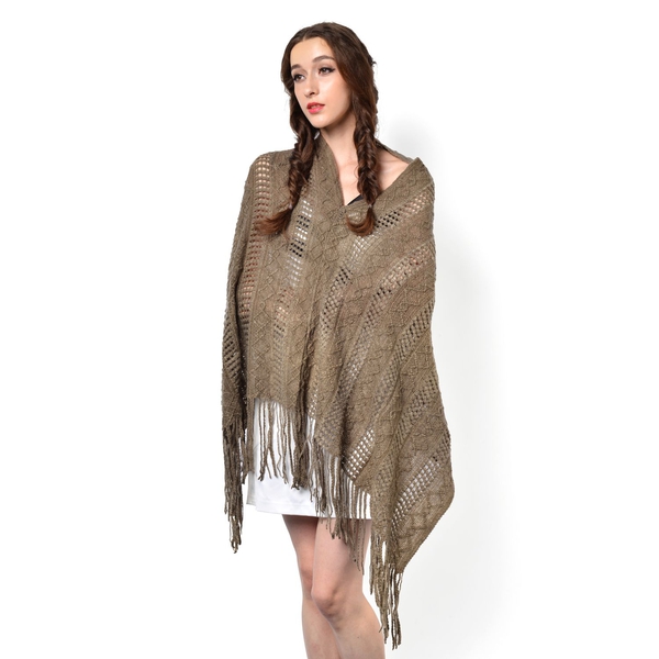Camel Colour Knitted Poncho with Tassels (Free Size)