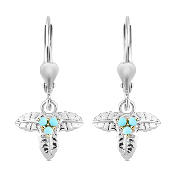 Arizona Sleeping Beauty Turquoise Three Leaf Dangling Earrings (with Lever Back) in Platinum and Gol