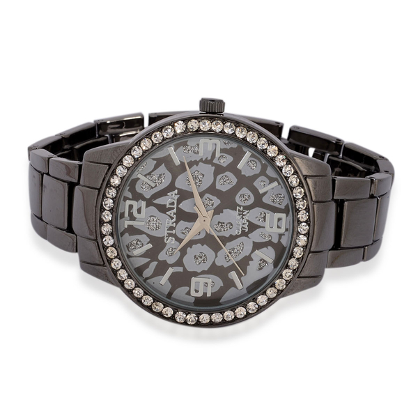 STRADA Japanese Movement Leopard Dial White Austrian Crystal Watch in Black Tone Strap