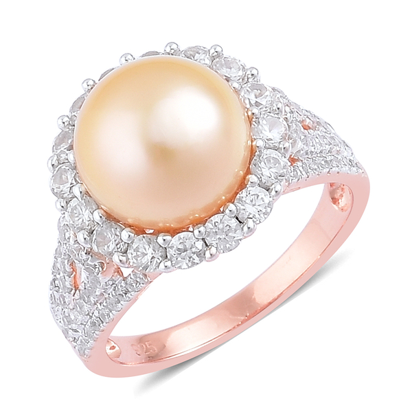 South Sea Golden Pearl and Cambodian Zircon Ring in Rose Gold Overlay Sterling Silver