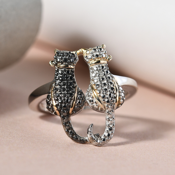 White and Black Diamond Twin Cat Ring in Platinum and Yellow Gold Overlay and Black Plating Sterling Silver 0.010 Ct