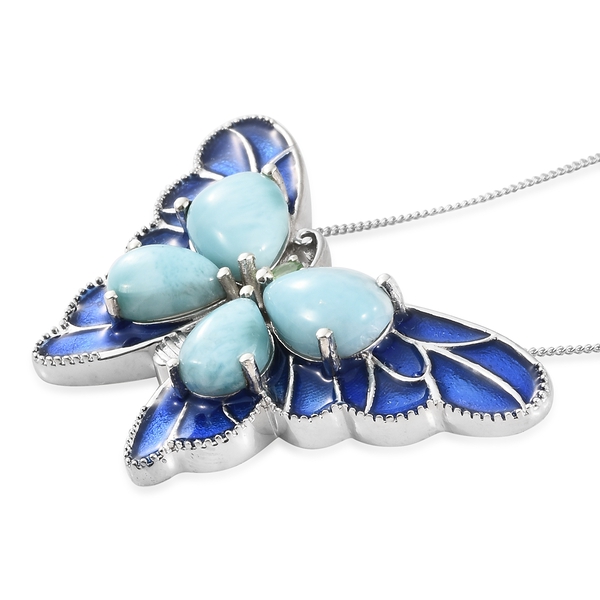 Larimar (Pear), Tsavorite Garnet and Natural Cambodian Zircon Blue Enameled Butterfly Pendant with Chain in Platinum Overlay Sterling Silver 11.000 Ct. Silver wt 10.98 Gms.
