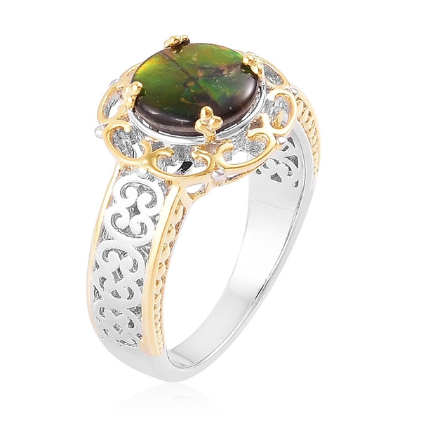 AA Canadian Ammolite (Rnd) Solitaire Ring in Platinum and Yellow Gold Overlay Sterling Silver 2.000 Ct.