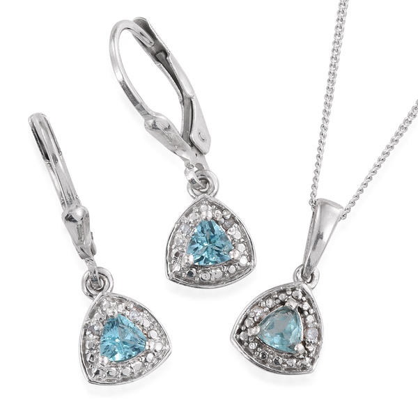 Paraibe Apatite (Trl), Diamond Pendant With Chain and Lever Back Earrings in Platinum Overlay Sterli