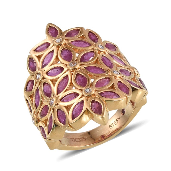 Stefy African Ruby (Mrq), Natural Cambodian Zircon and Pink Sapphire Floral Ring in 14K Gold Overlay