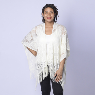 Spring Collection - Solid White Colour Hollow Out Kimono with Tassel (Free Size; Length 60Cm)